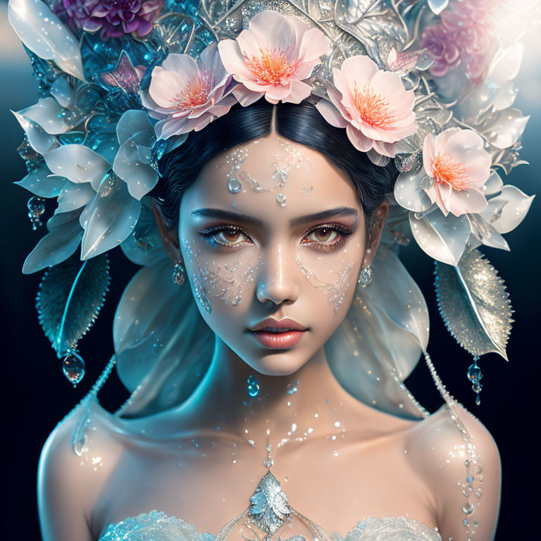 Woman portrait with floral tiara, crystalline adornments, and ethereal aura