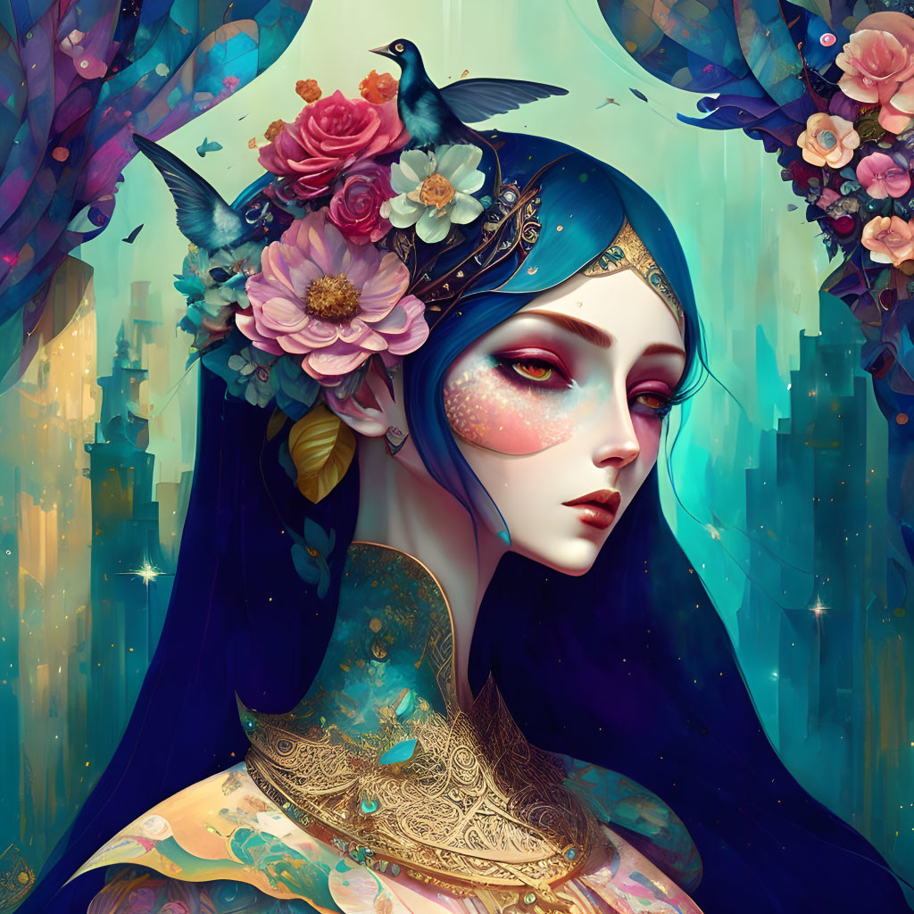 Illustrated portrait of a woman with blue hair, gold accessories, floral decor, and bird on head