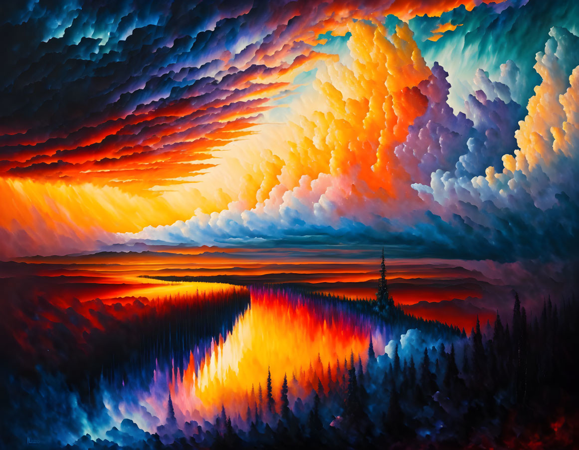 Colorful sunset painting over forest and lake