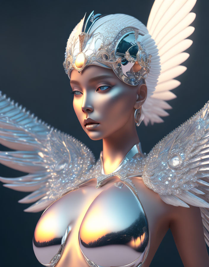 Digital artwork: Female figure with metallic skin, ornate headgear, blue eyes, white feathered
