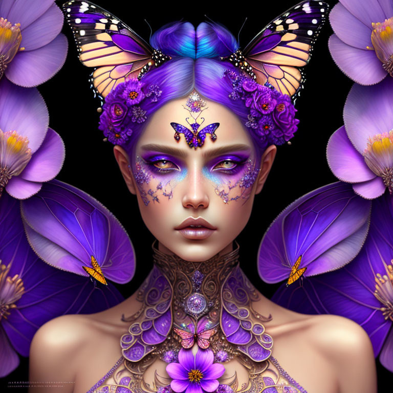 Digital artwork featuring woman with violet/purple theme, butterfly motifs, intricate makeup.