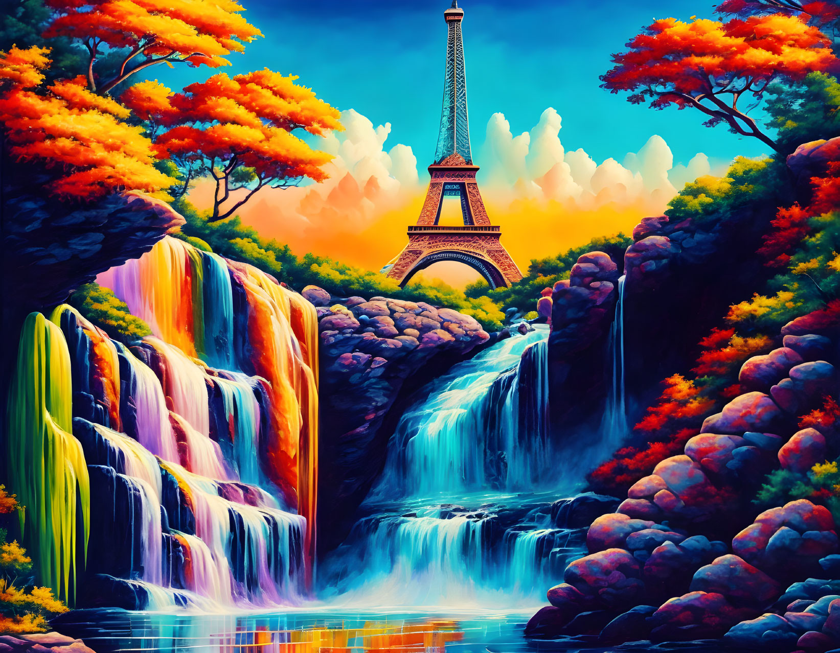 Surreal landscape with Eiffel Tower, colorful trees, waterfalls, and lake