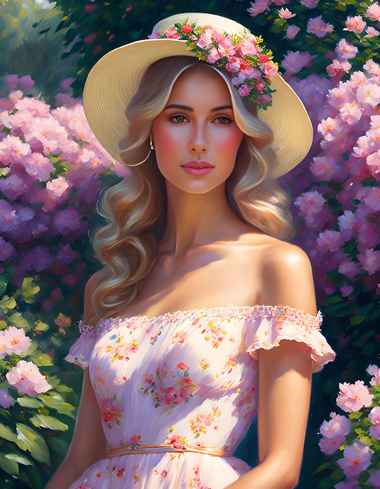 Blonde woman in floral attire with wide-brimmed hat among pink blossoms