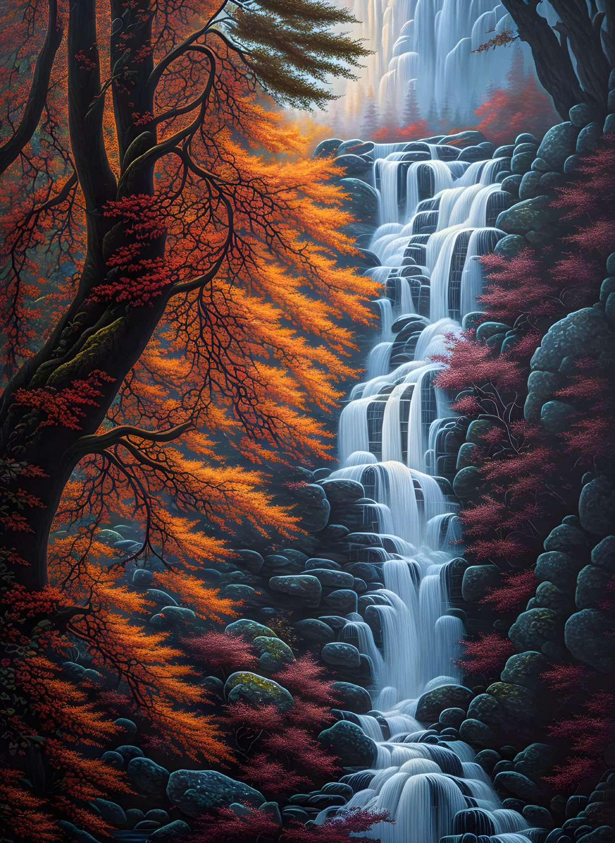 Tranquil waterfall among mossy rocks and autumn trees