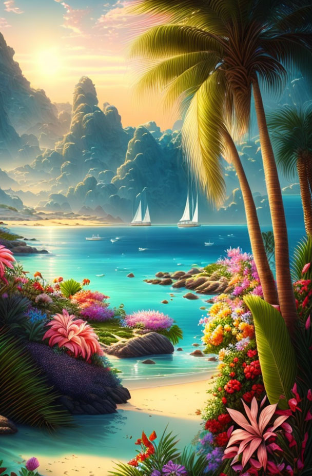 Golden sunset over calm blue sea with sailboats, lush foliage, and vibrant flowers.
