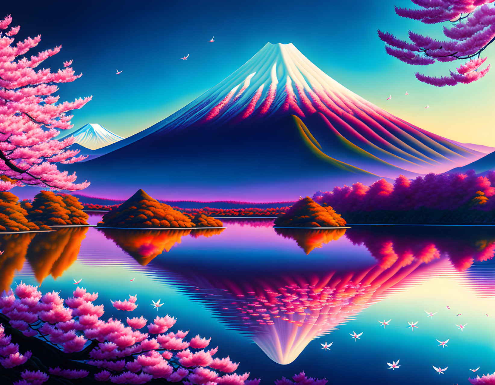 Scenic artwork: Mount Fuji with cherry blossoms by a tranquil lake