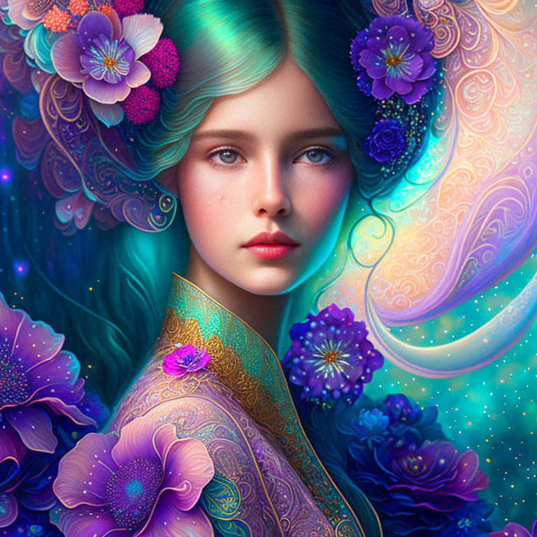Colorful portrait of woman with flower-adorned hair in cosmic setting