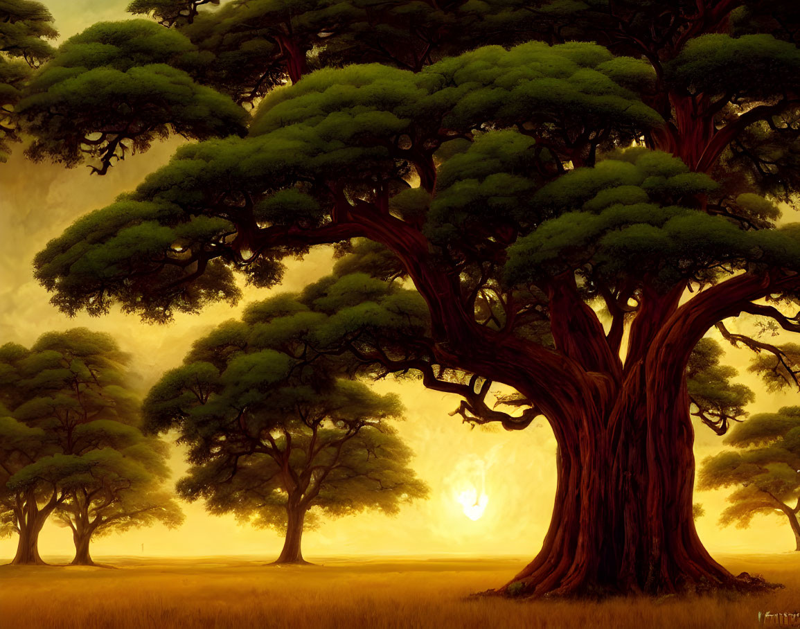 Majestic Trees in Serene Landscape at Sunset