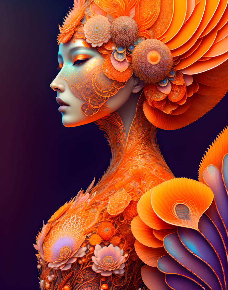 Colorful Digital Artwork: Female Figure in Orange Floral Patterns