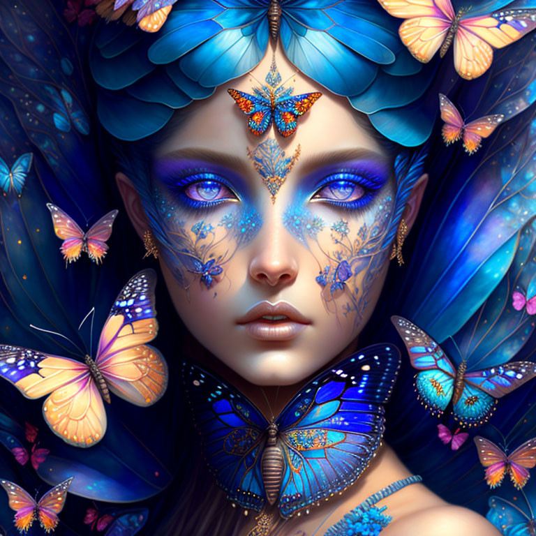 Fantasy illustration of woman with blue butterfly makeup and ethereal aura