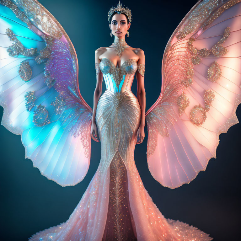 Elaborate butterfly-inspired gown with glowing wings on woman