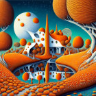 Vibrant Orange Fantasy Landscape with Stylized Trees and Starry Sky