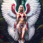 Woman with White and Red Angelic Wings in Ornate Armor in Mystical Forest
