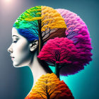 Colorful Tree Blended with Woman Profile on Cool Background