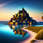Fantastical castle on lush island with palm trees reflecting in tranquil sunset waters