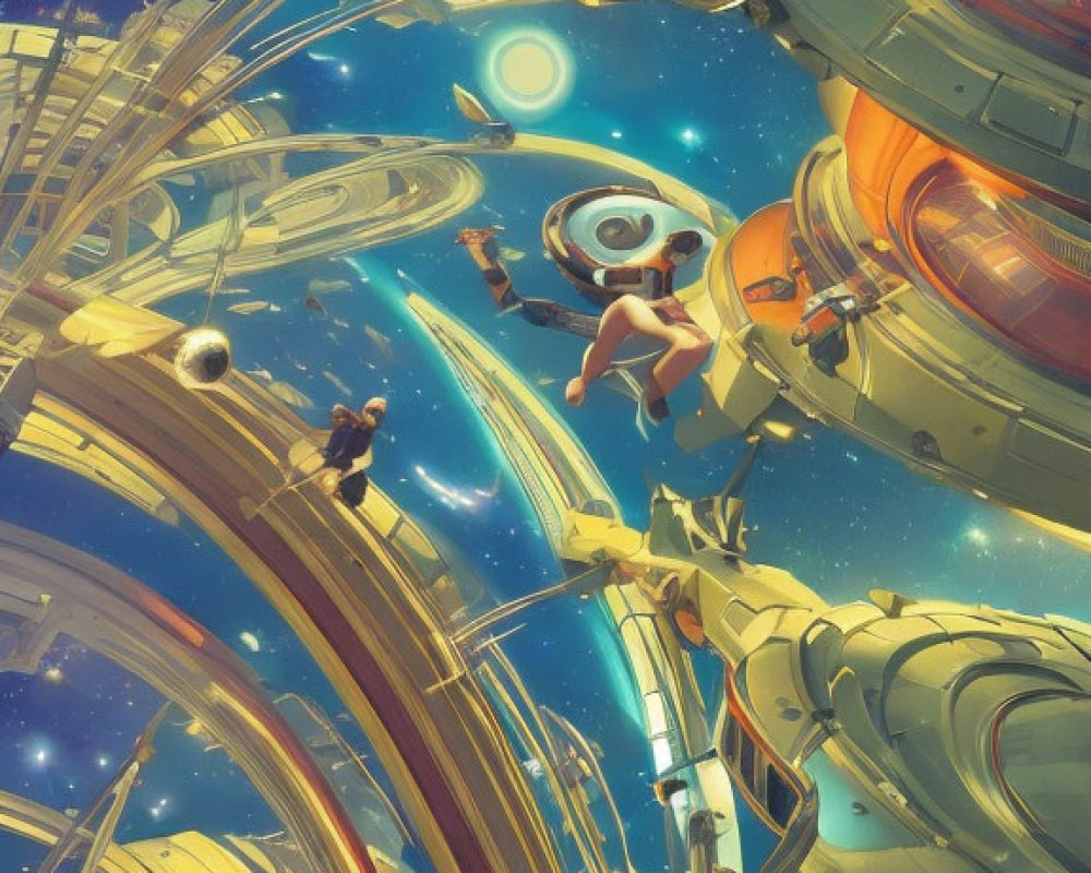 Colorful sci-fi scene with individuals in space suits on transparent walkway