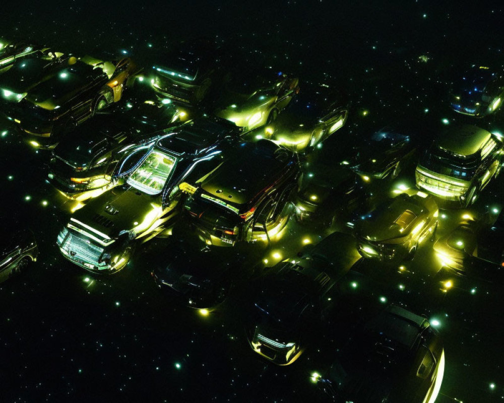 Nighttime Scene: Cars with Neon Underlighting Resemble Glowing Stars