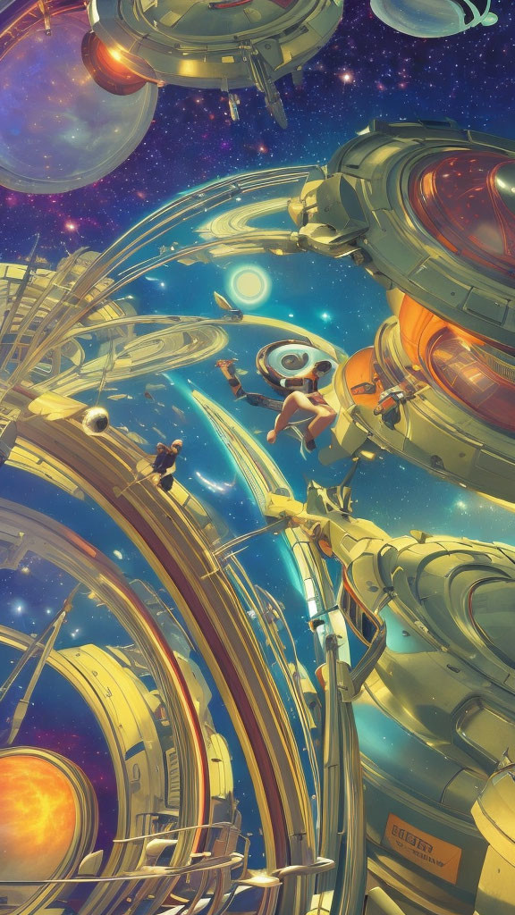 Colorful sci-fi scene with individuals in space suits on transparent walkway