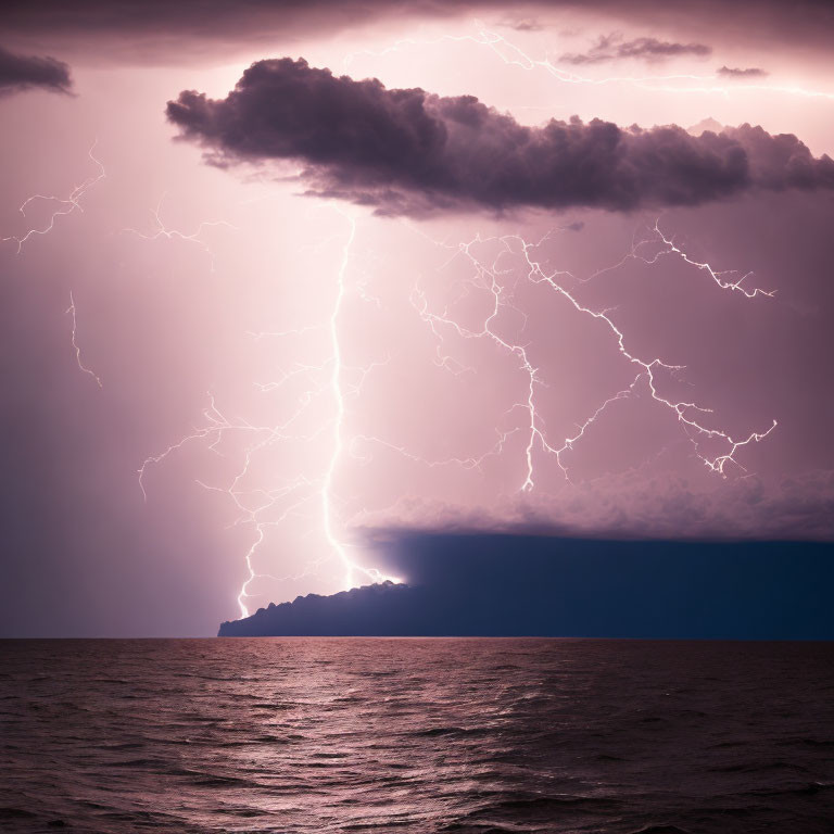 Intense ocean thunderstorm with lightning strikes