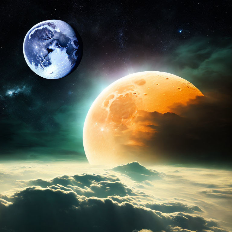 Earth, orange celestial body, nebula, and star-filled sky in dramatic space scene
