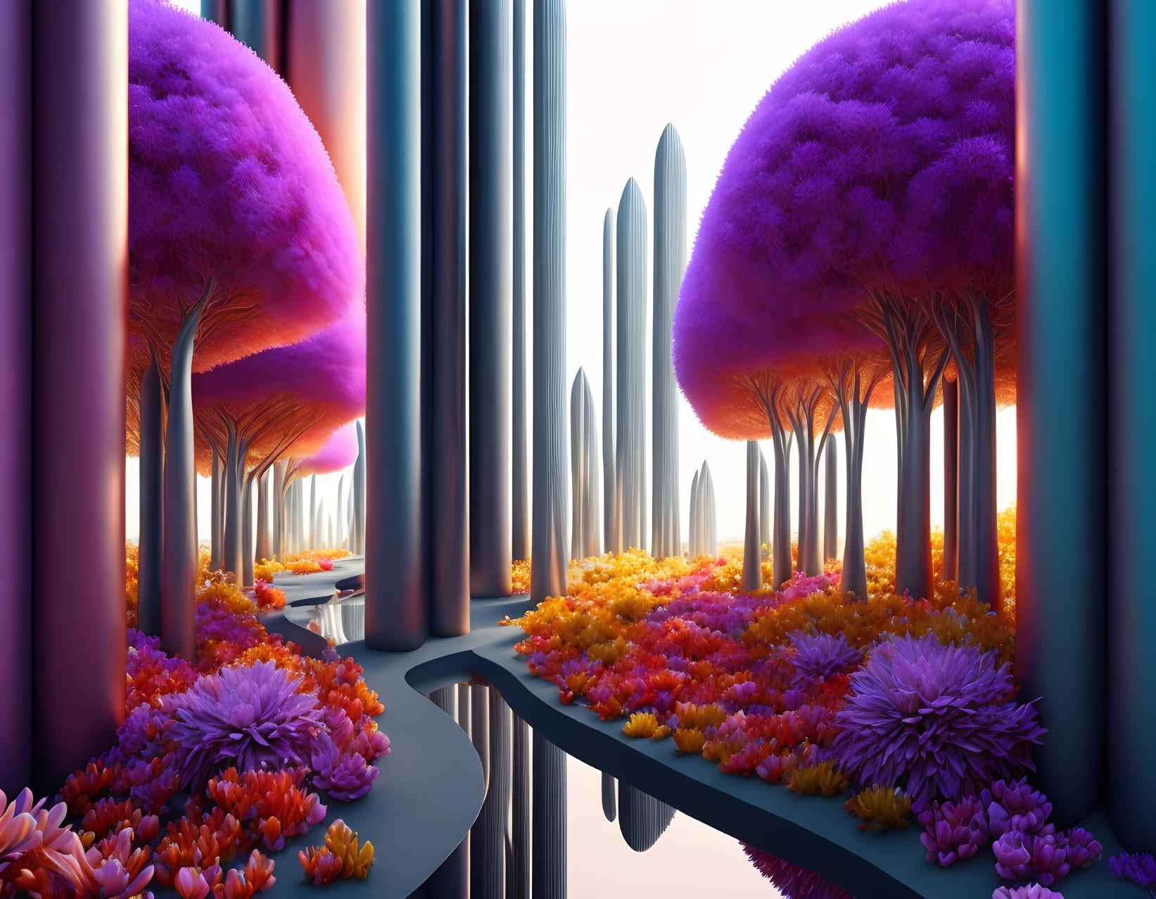 Colorful Fantasy Landscape with Purple Trees and Glossy Pillars
