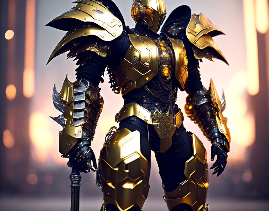 Golden and Black Armored Figure with Glowing Accents and Sword