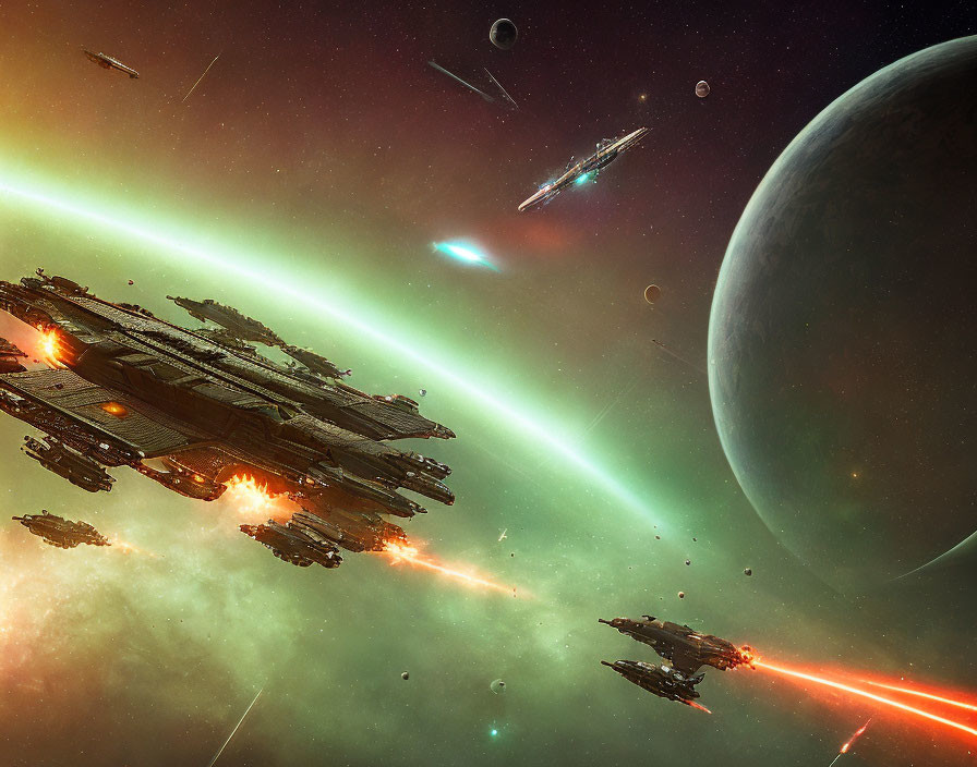 Intense Space Battle Scene with Spaceships and Laser Beams