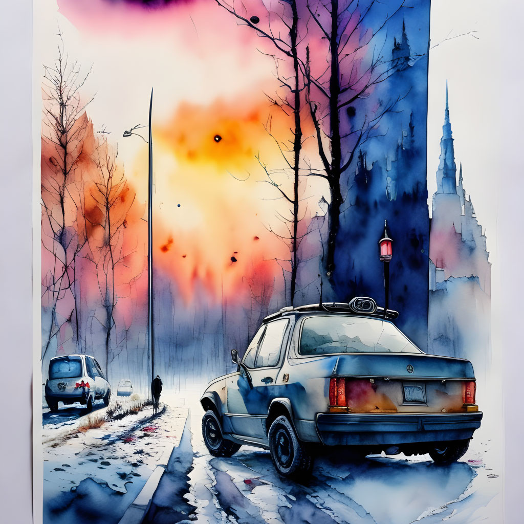 Wintry watercolor painting of snow-lined street with cars, person walking, and castle under sunset sky