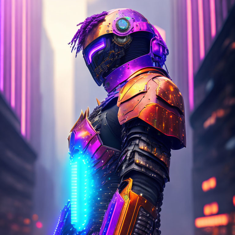 Futuristic armored figure with glowing blue light in misty neon cityscape