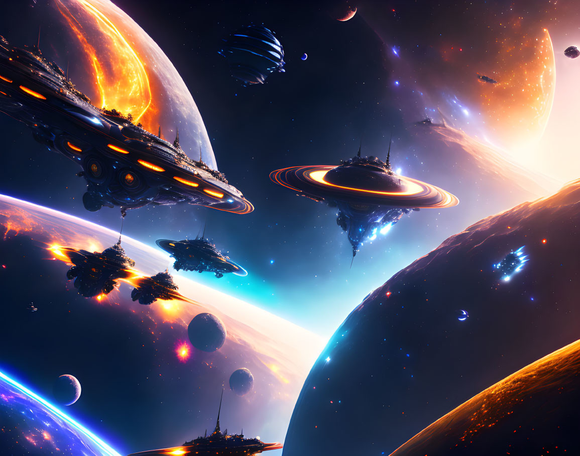 Colorful space scene with planets, spaceships, asteroids, and nebulae