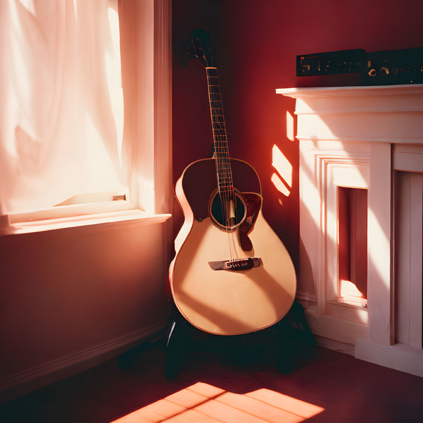 Cozy room with acoustic guitar by sunny window