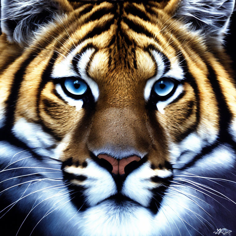 Detailed Tiger Face with Striking Blue Eyes on Dark Background