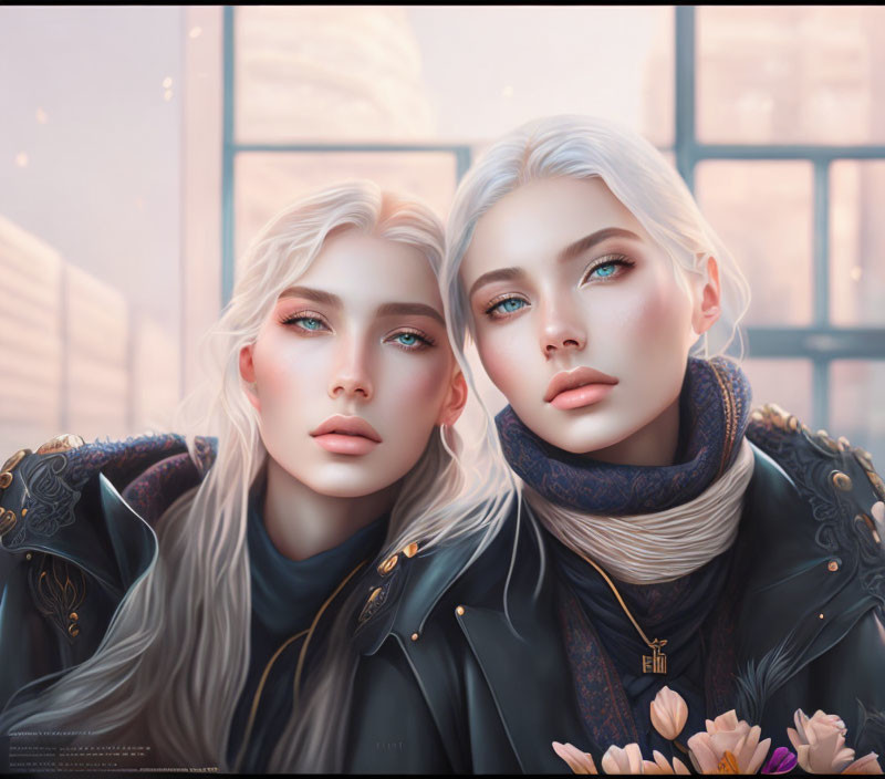 Identical blond characters in dark coats against floral window backdrop