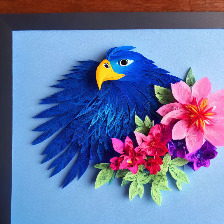 Intricate Blue Paper Art Bird with Pink and Red Flowers on Light Blue Background