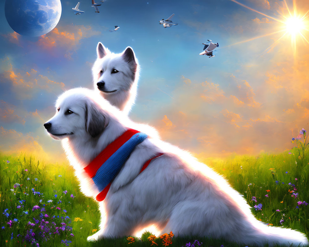 Fluffy white dogs in surreal meadow with moon, sun, and drones