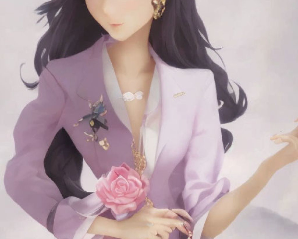 Illustration of girl in floral headband and purple suit with rose accents