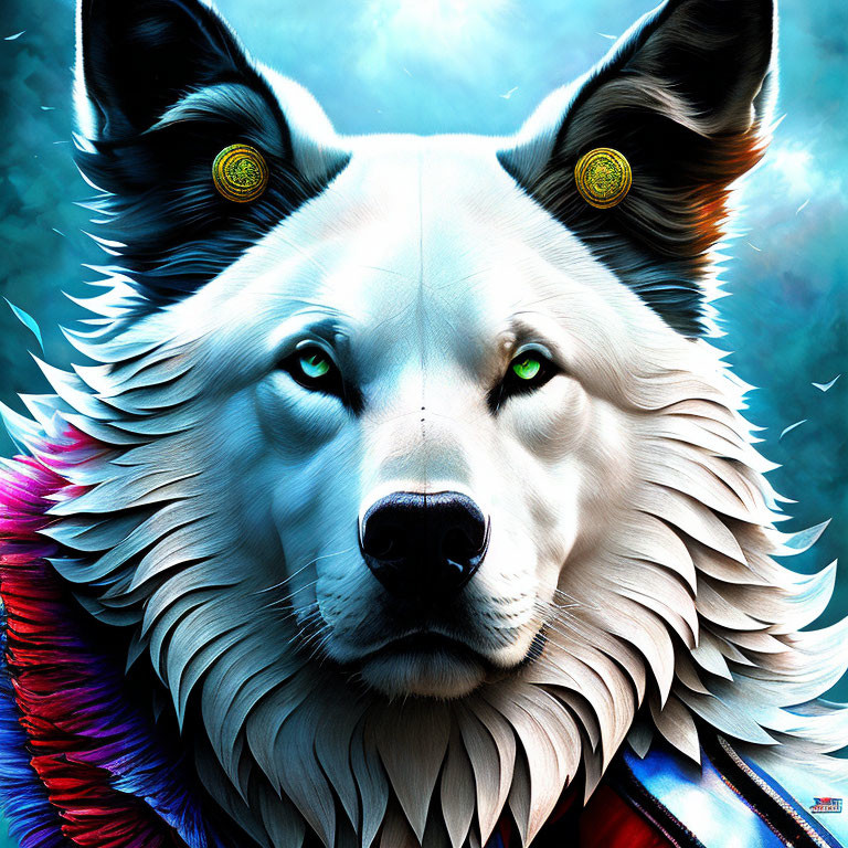 Colorful Wolf Close-Up Artwork with Golden Eyes on Blue Background