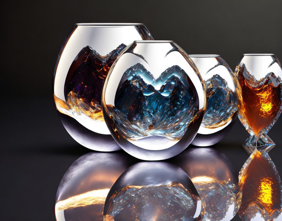Five Unique Glass Vases with Reflective Surfaces on Dark Background Showing Amber and Clear Glass Mix Effect