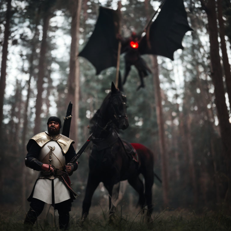 Knight in armor with horse facing ominous figure in misty forest