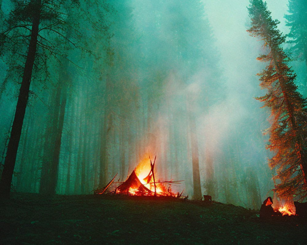 Vibrant campfire in misty forest at dusk with glowing orange ambiance