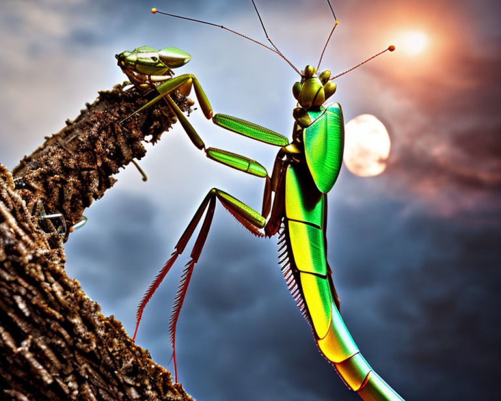 Colorful Praying Mantis on Branch Against Dramatic Sky