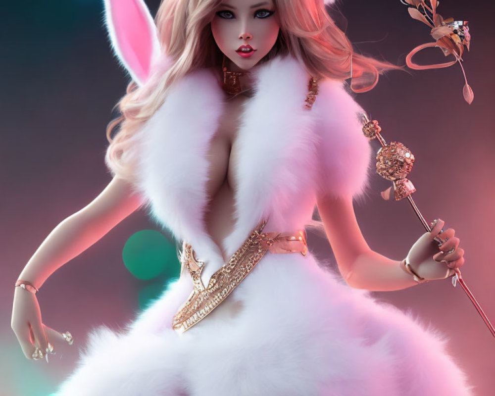 Anthropomorphic female figure with rabbit-like features in white and pink fur holding a scepter