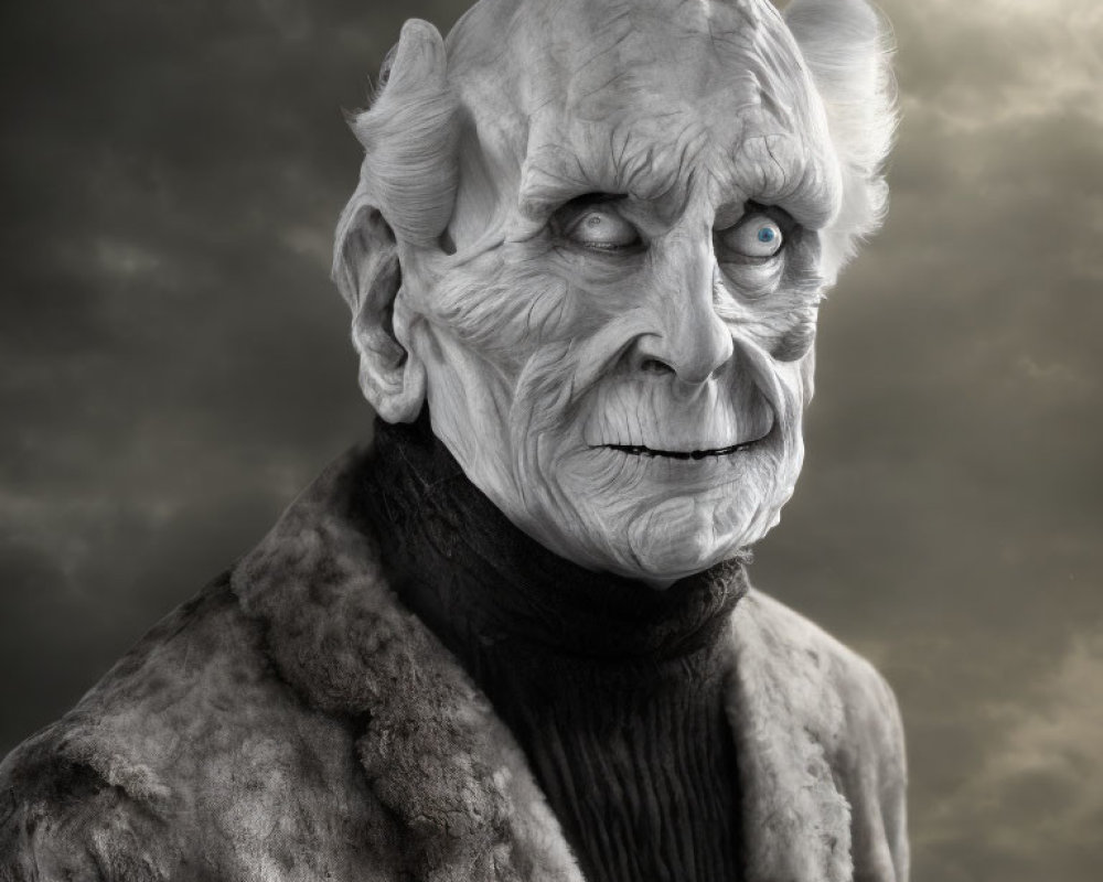 Monochromatic image: Elderly creature with prosthetic makeup