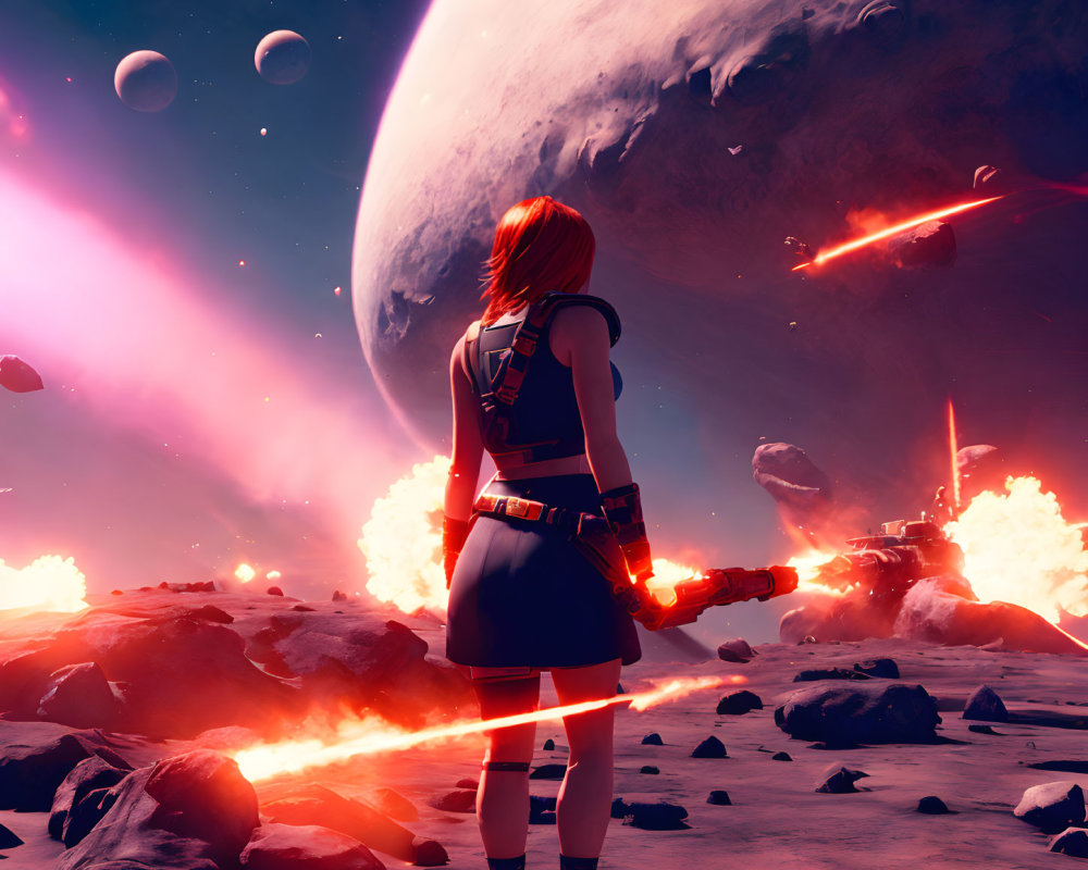 Female warrior observing cosmic battle on alien landscape with exploding ships