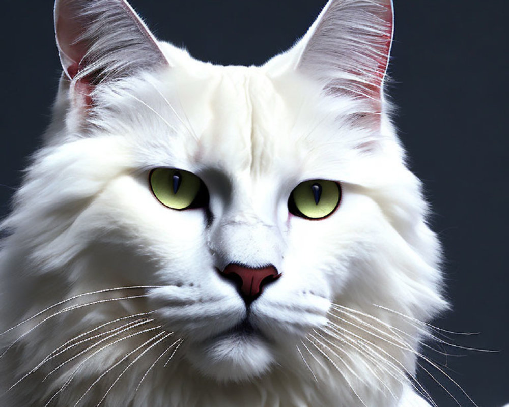 White Fluffy Cat Portrait with Yellow Eyes and Pink Nose