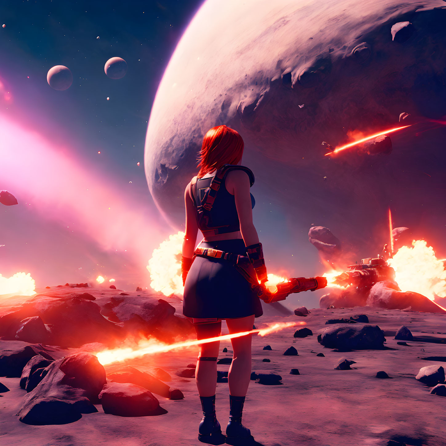 Female warrior observing cosmic battle on alien landscape with exploding ships