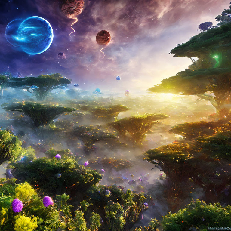 Fantasy landscape with floating islands, lush greenery, purple flora, celestial sky.