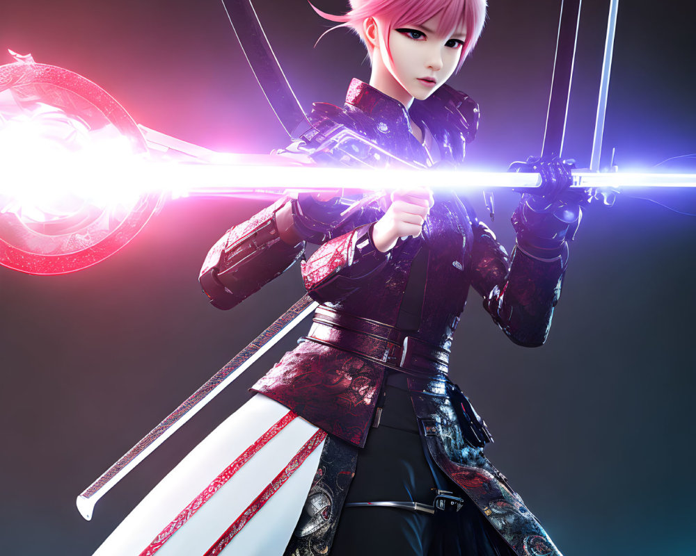 3D-rendered female character with pink hair holding glowing double-ended sword in black and red outfit