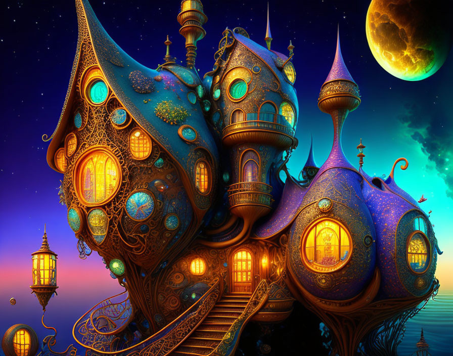 Whimsical palace digital illustration under full moon