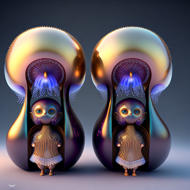 Iridescent humanoid figures with ornate headpieces on gradient background